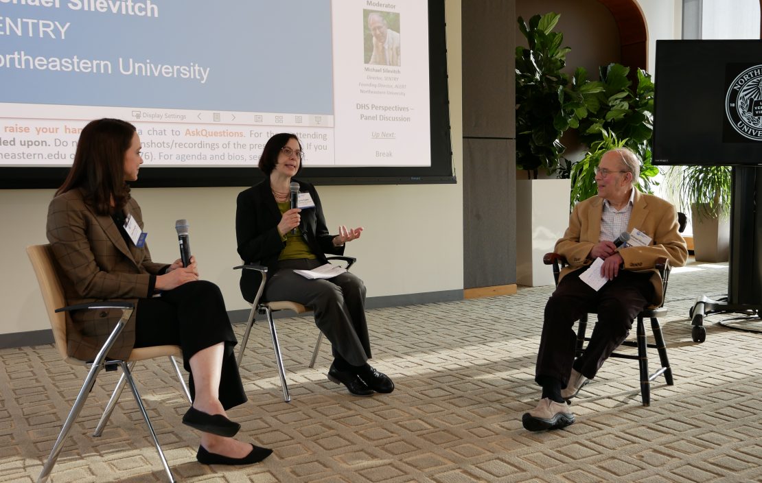Ryan Donaghy (left), Laura Parker (center), Michael Silevitch (left) during the DHS Fireside Chat
